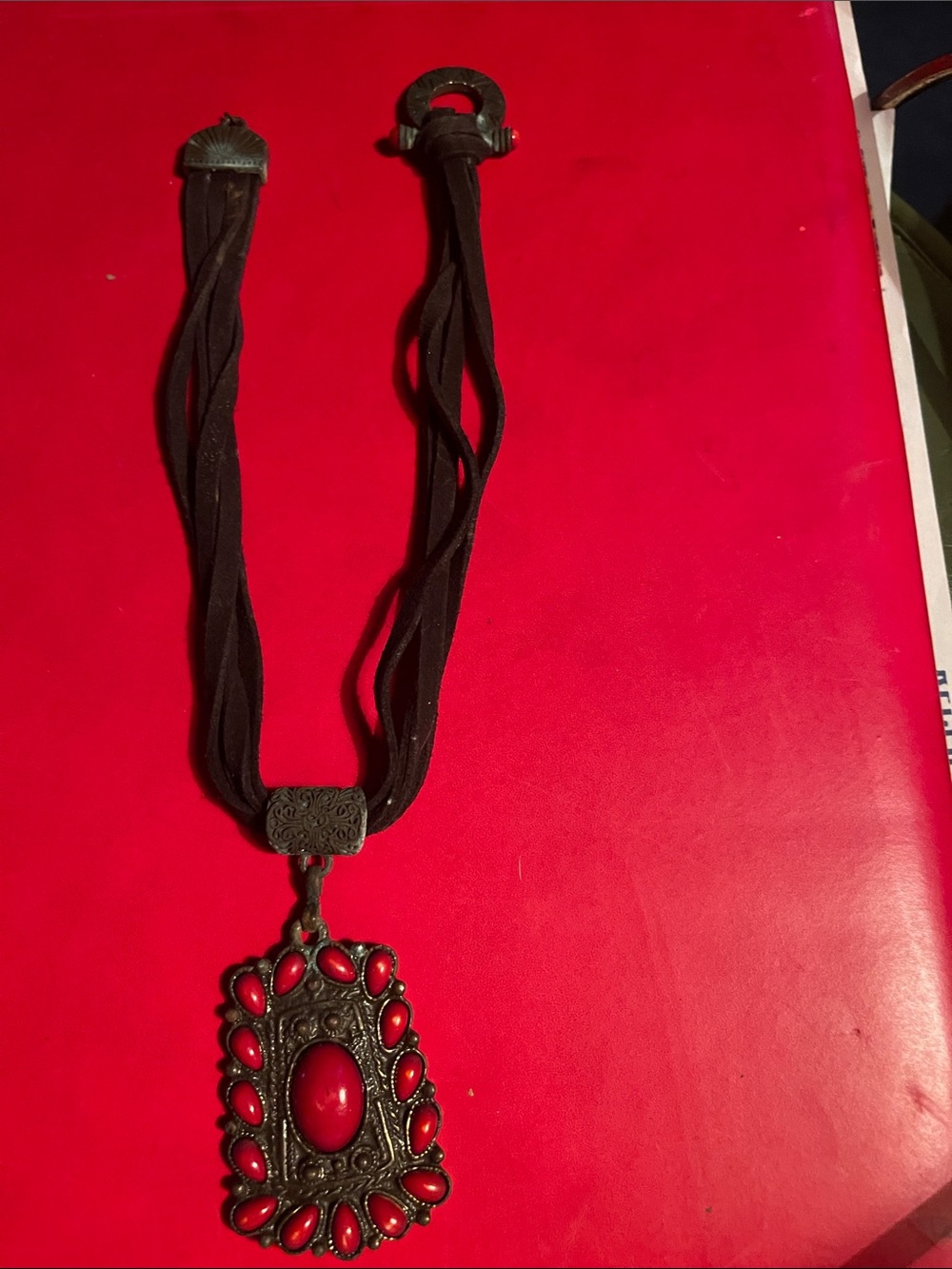 U-Fix-it: Vintage-Inspired Red Pendant Necklace with Black Cord